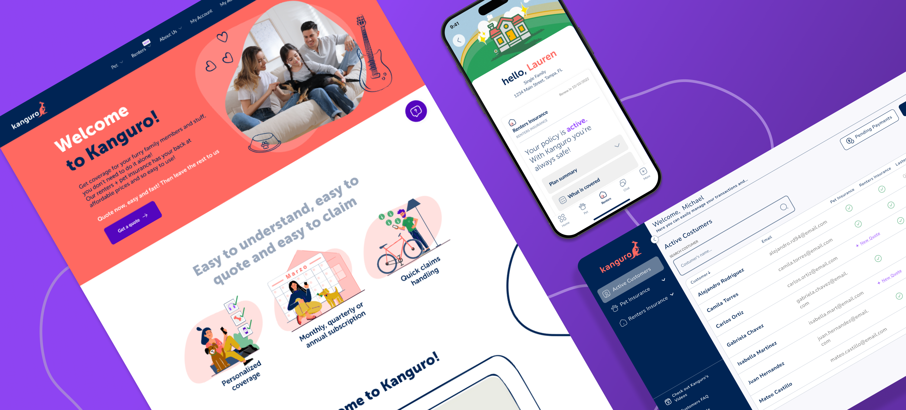 Kanguro across website, mobile app, and agent portal