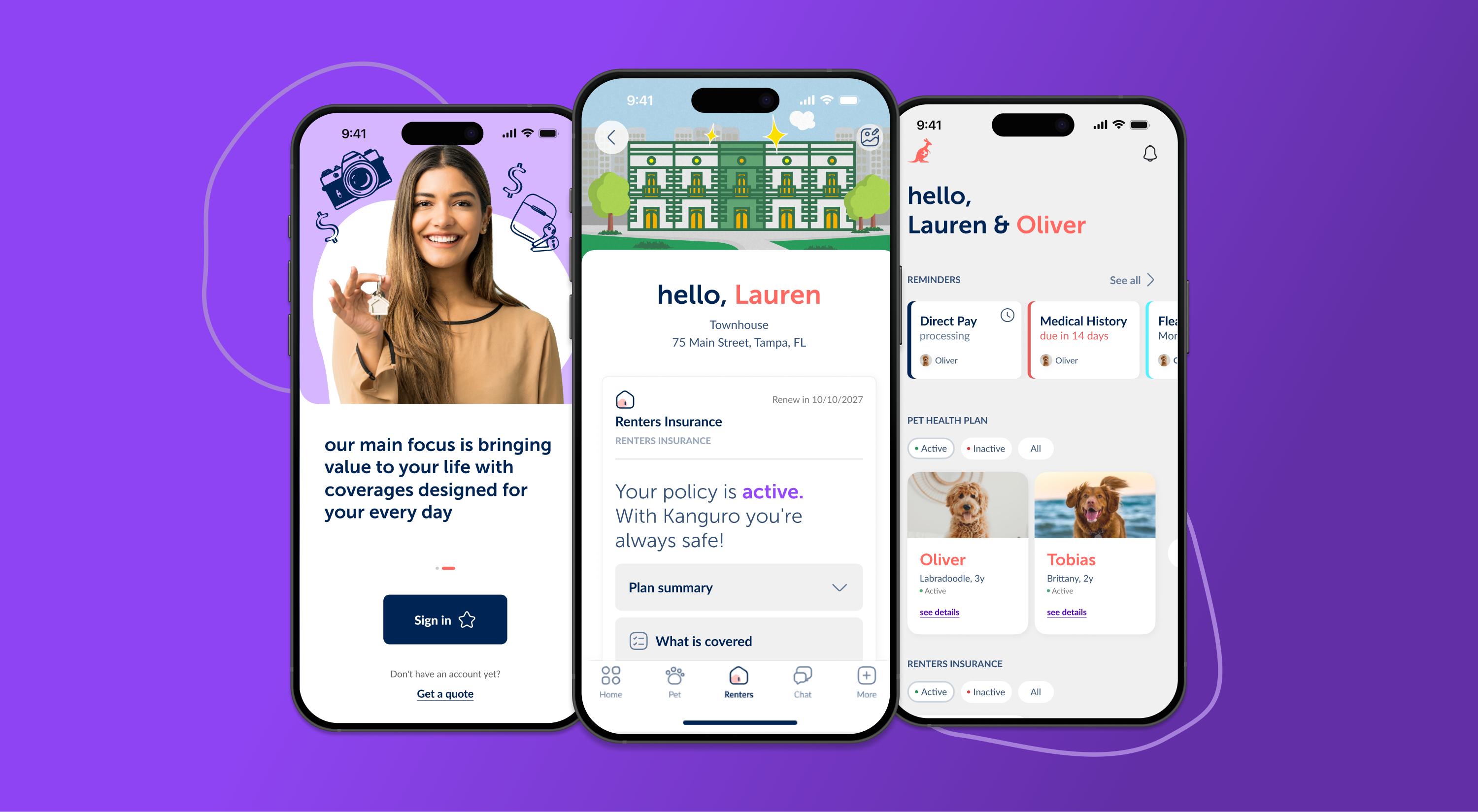 Kanguro mobile app — onboarding, renters policy summary, and home dashboard