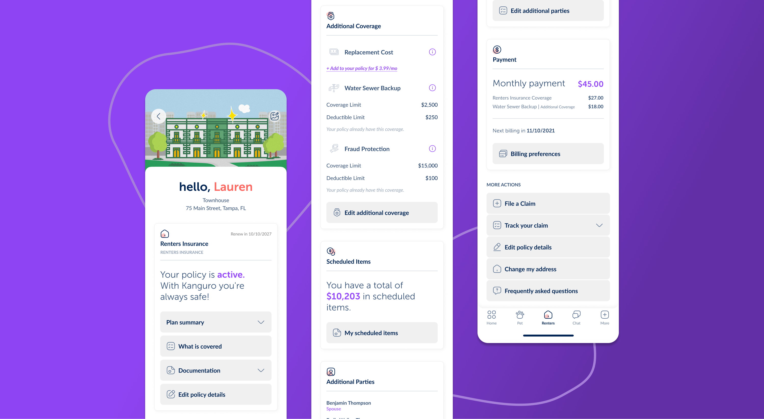 Renters policy detail screens — coverage, additional coverage, billing and payment
