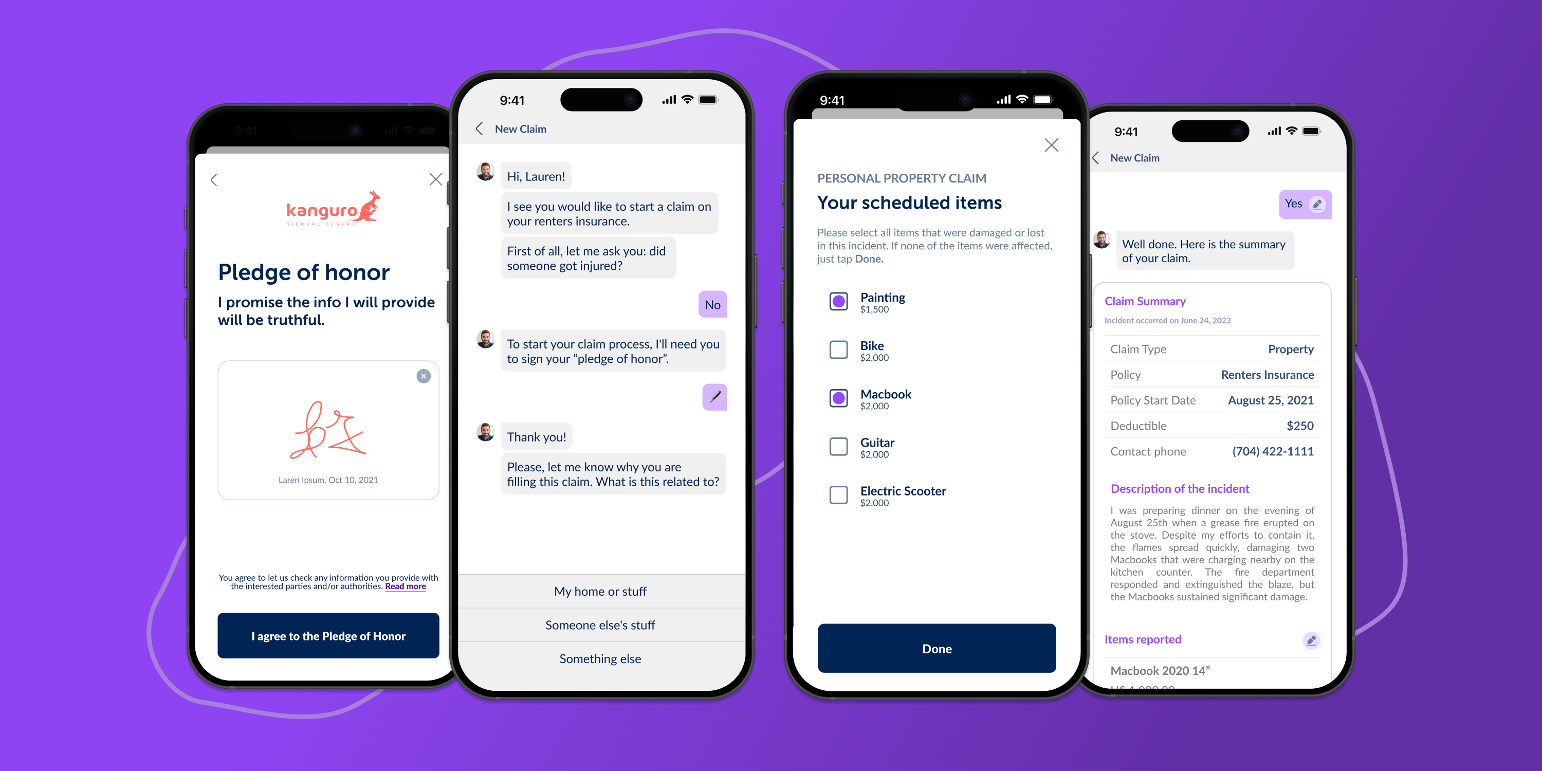 Claims flow — pledge of honor, chatbot intake, scheduled items selection, and claim summary