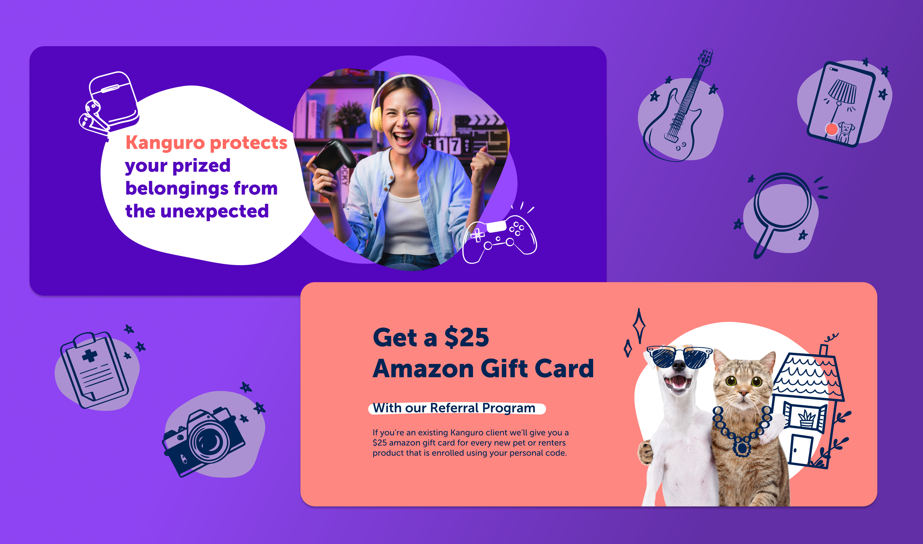 Brand illustrations and referral promo — playful Kanguro visual style