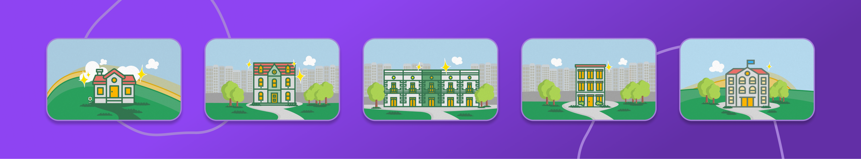 Dwelling-type illustrations — single family, multi family, town house, apartment, student housing