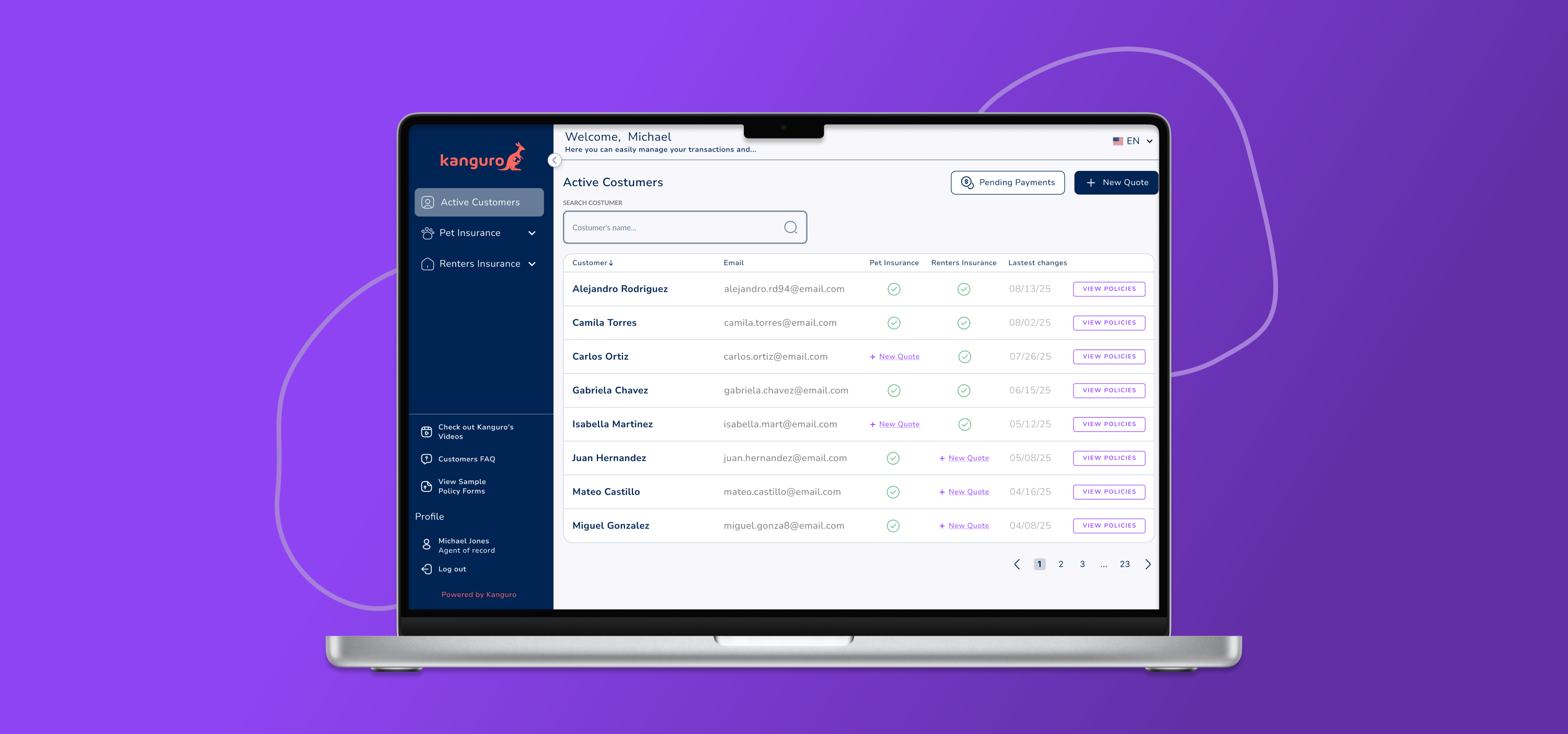 Kanguro agent portal — active customers dashboard with policy and quote management