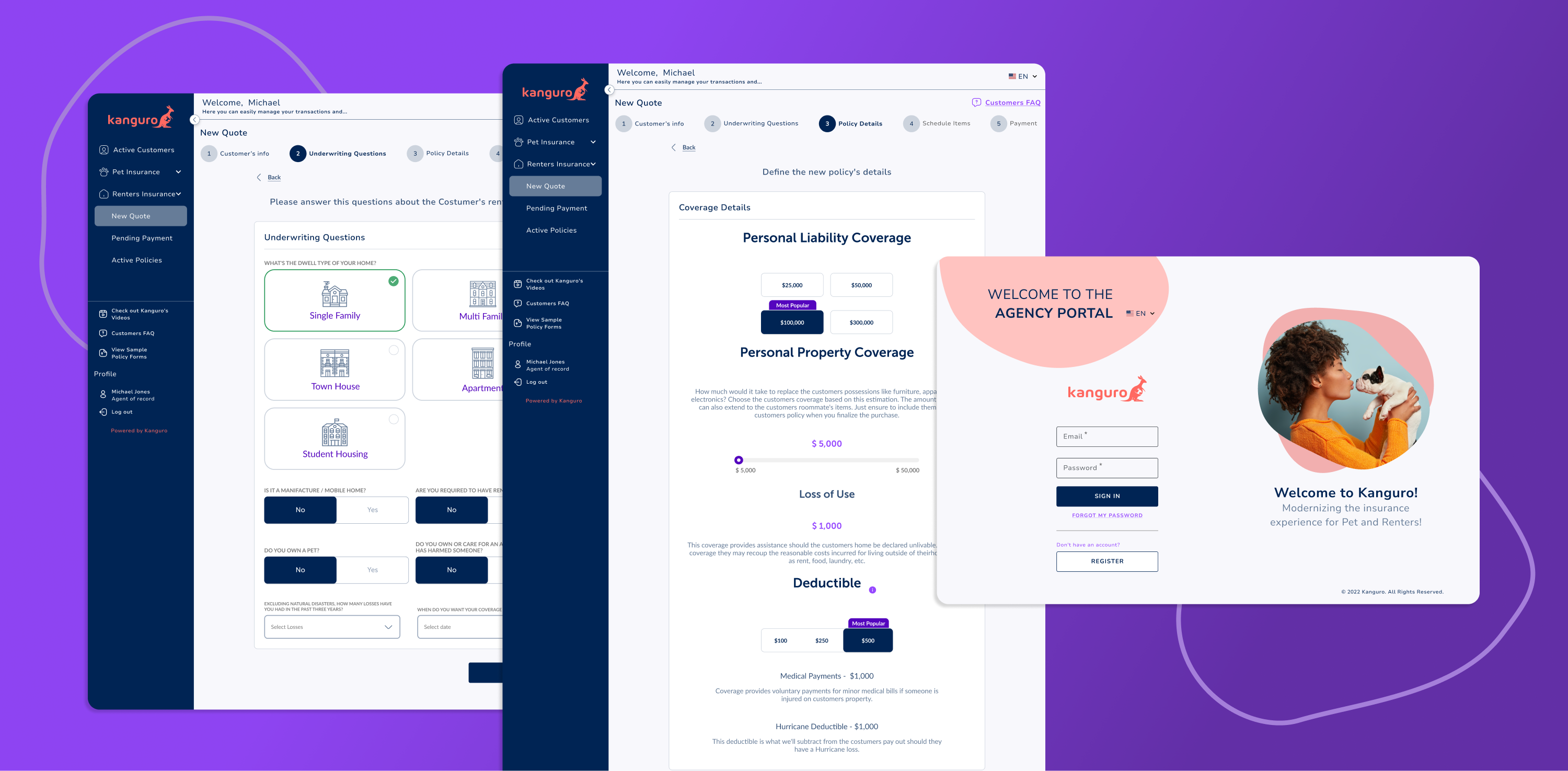 Agent portal screens — new quote underwriting flow, coverage configuration, and agency login