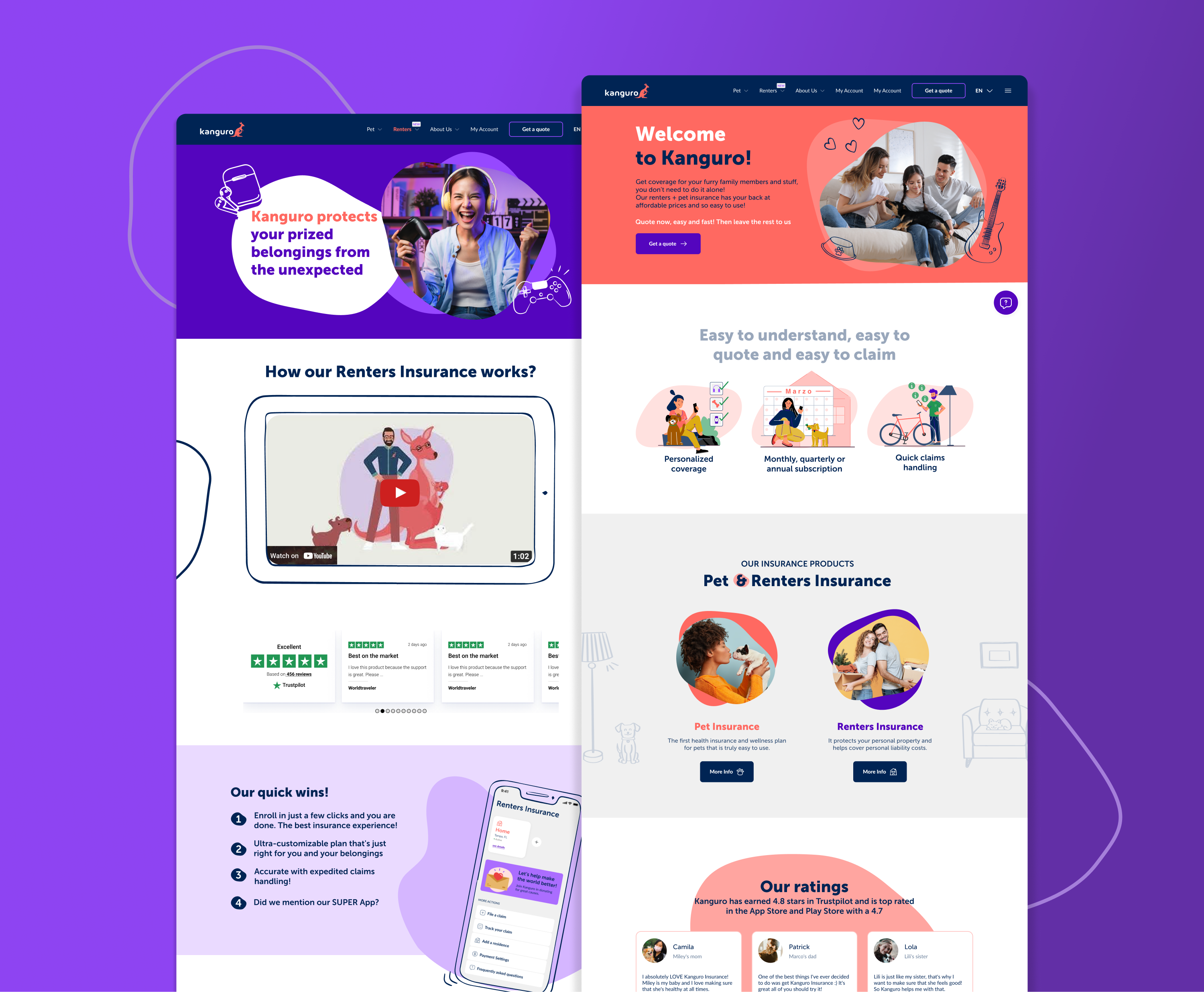 Kanguro website desktop hero with Renters Insurance landing page