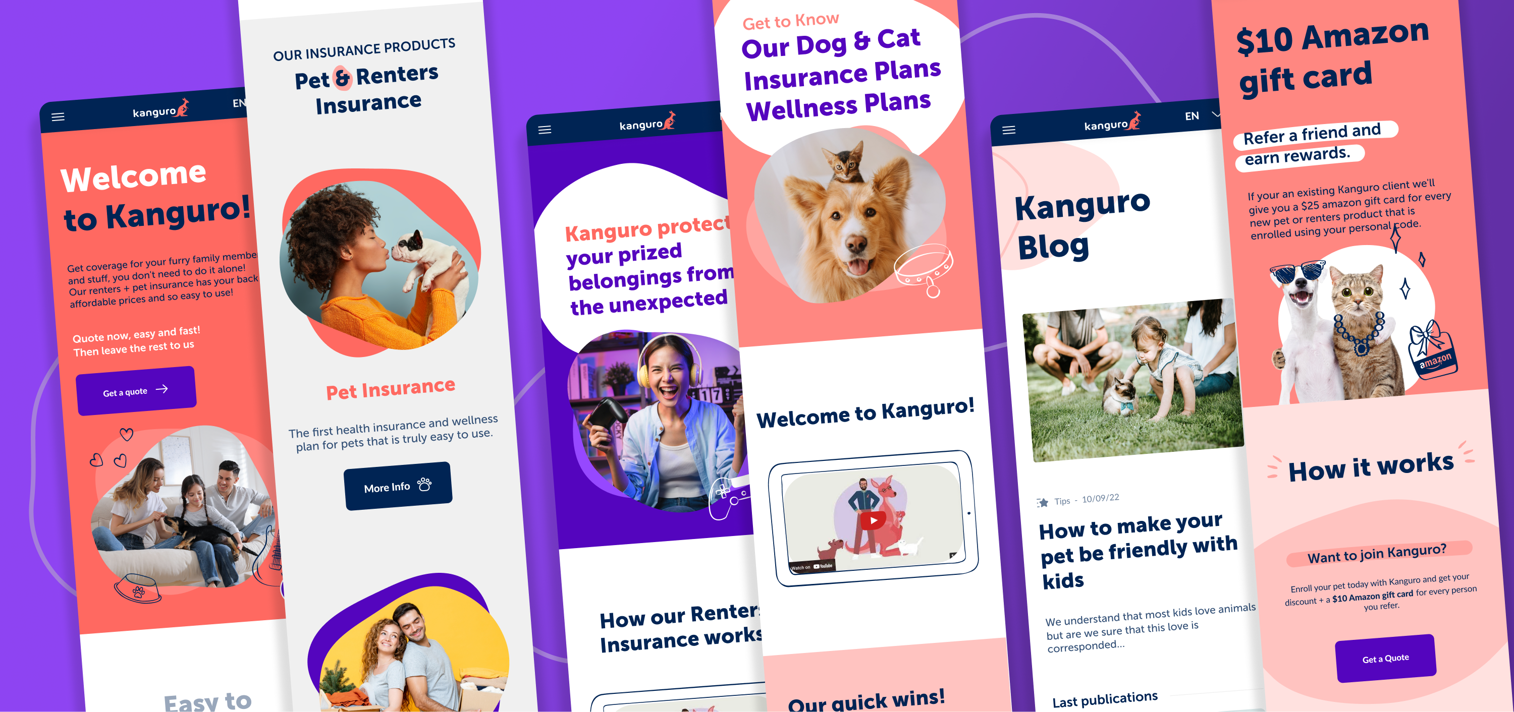 Kanguro website on mobile — welcome, insurance products, and key marketing pages