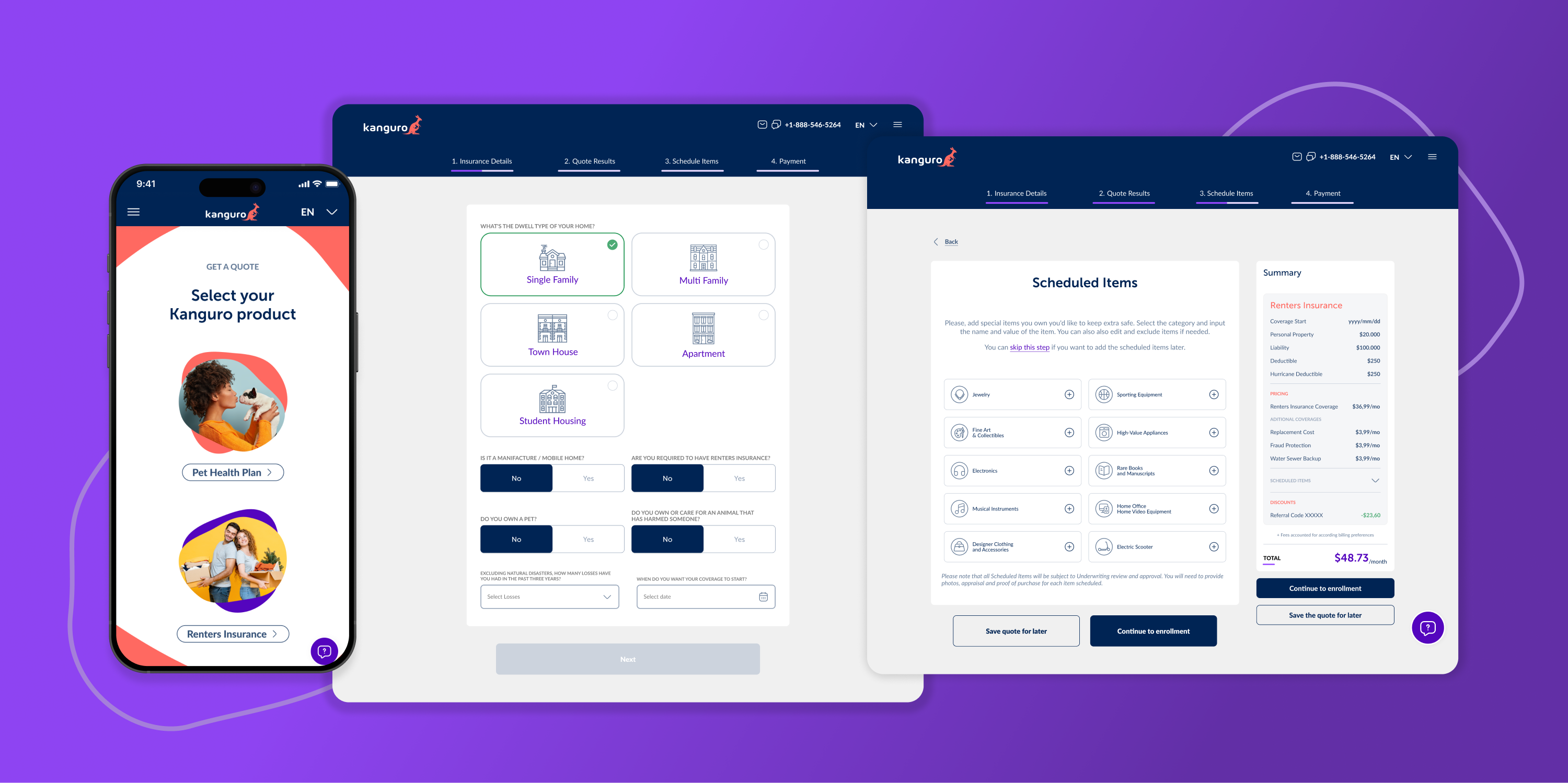 Quoting flow screens — product selection, insurance details, and scheduled items
