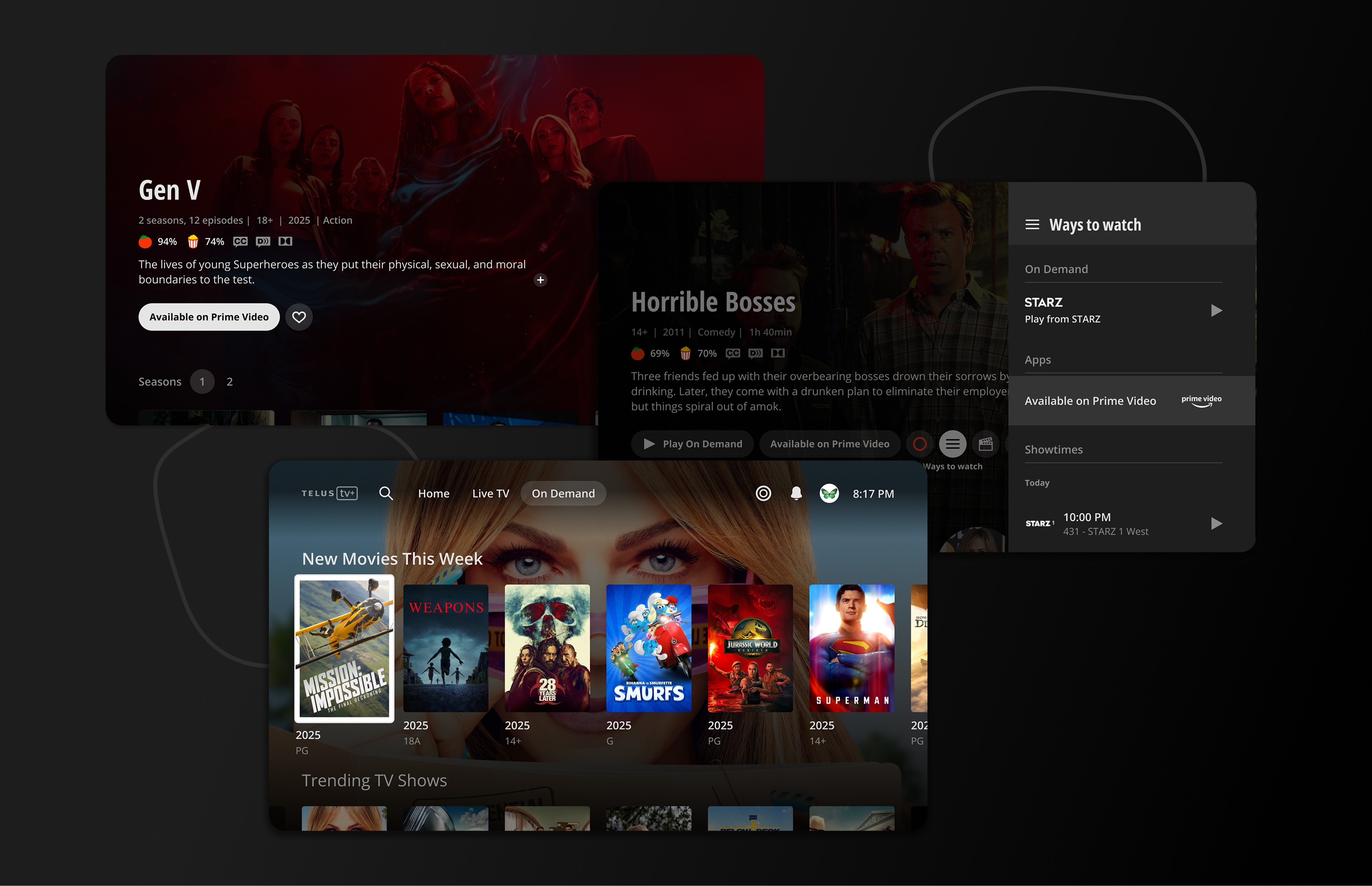 Show, movie, and On Demand experiences with ways-to-watch panel