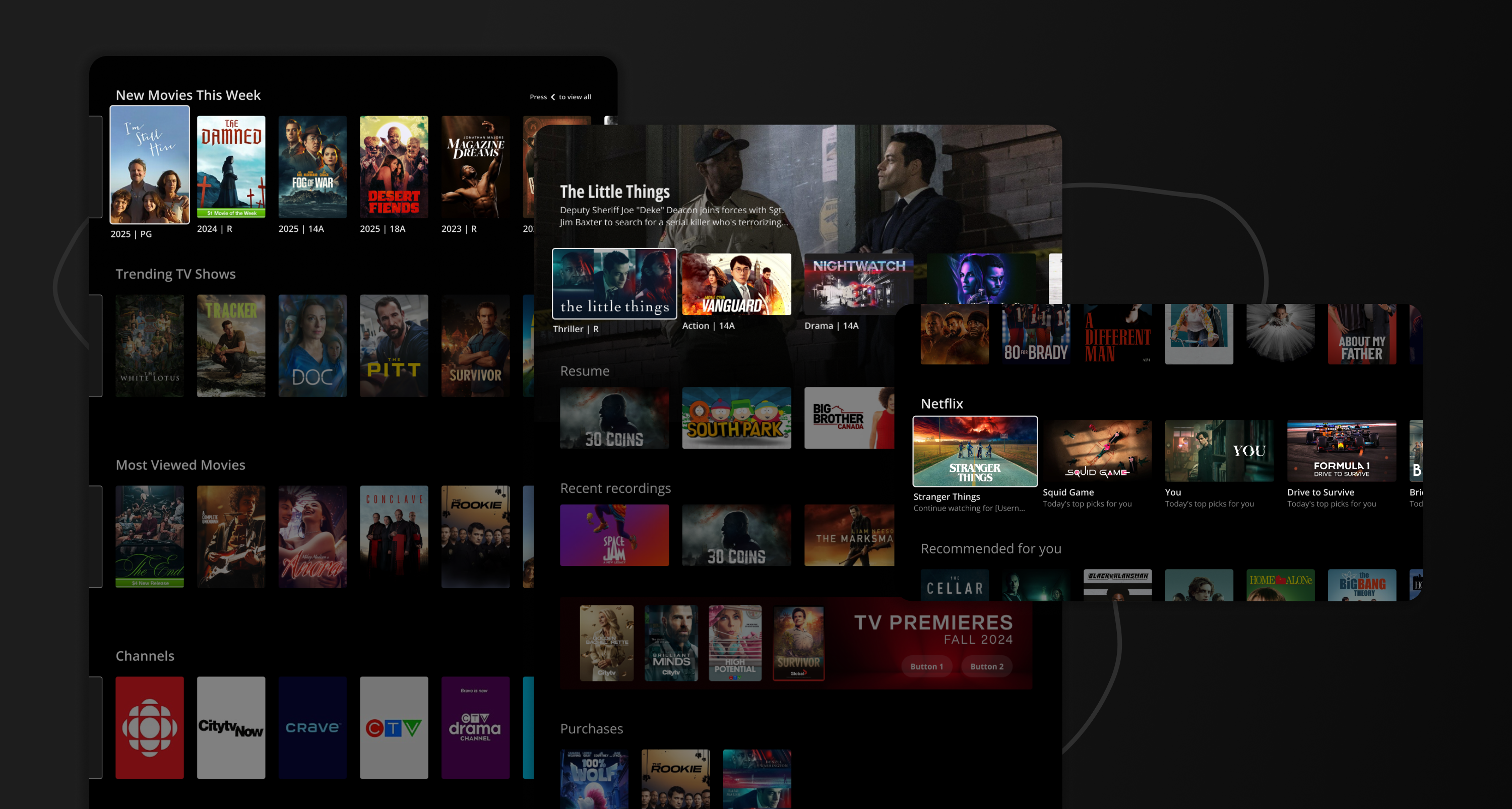 Home and On Demand layouts with new movies, trending shows, and personalized recommendations