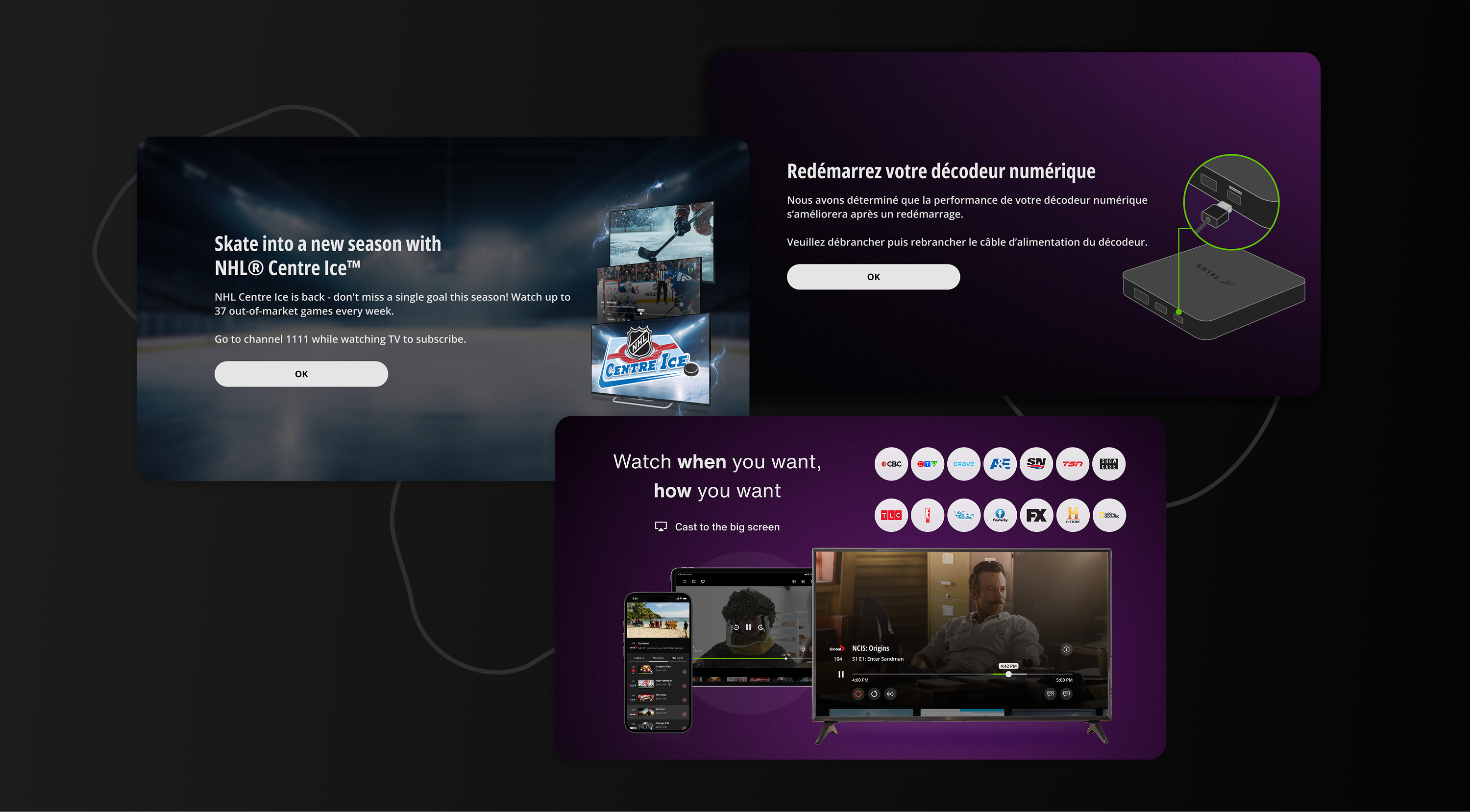 Promotional and modal screens including NHL Centre Ice, decoder restart, and cross-device viewing