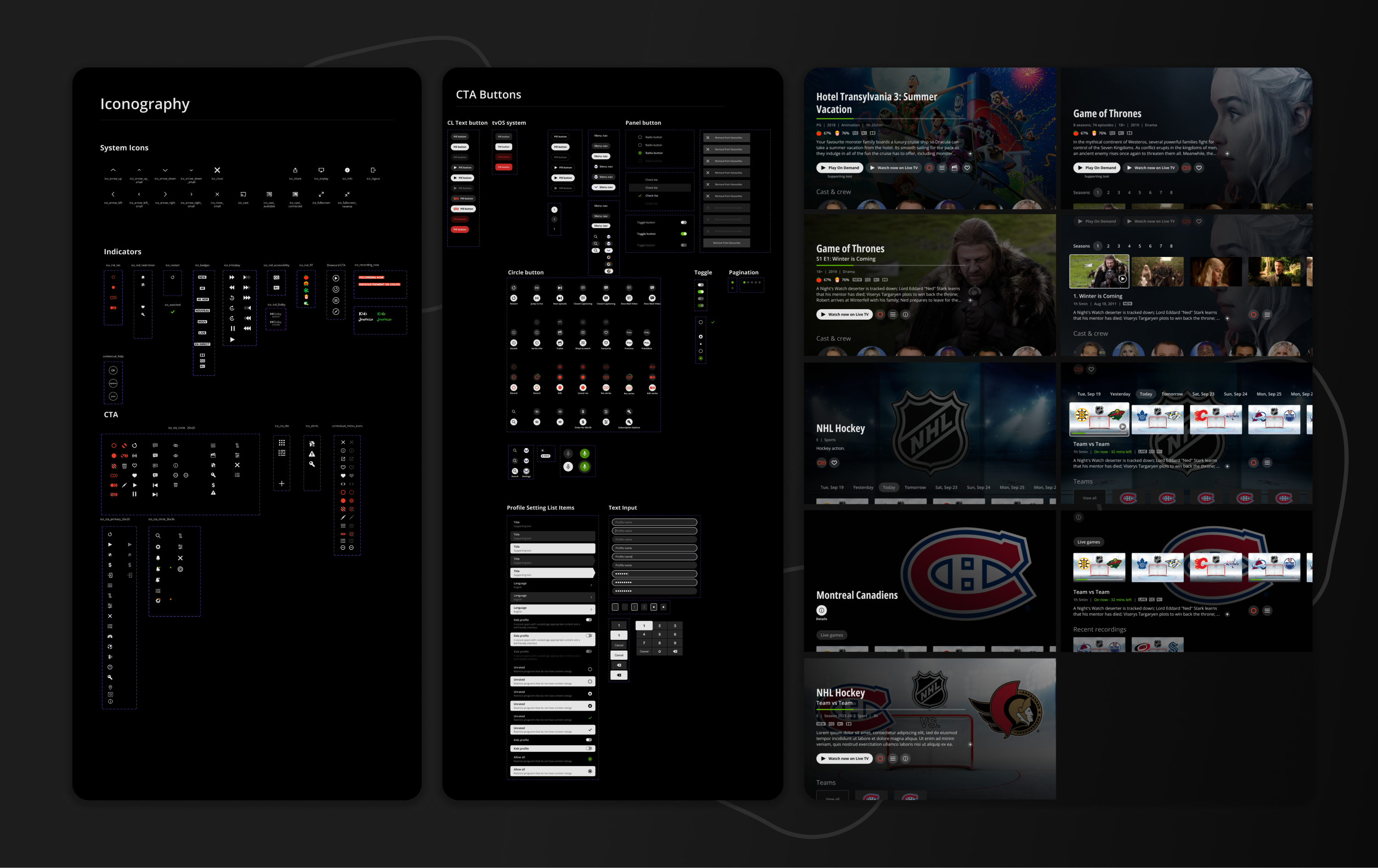 TelusTV+ design system: iconography, CTA buttons, and component library across screens