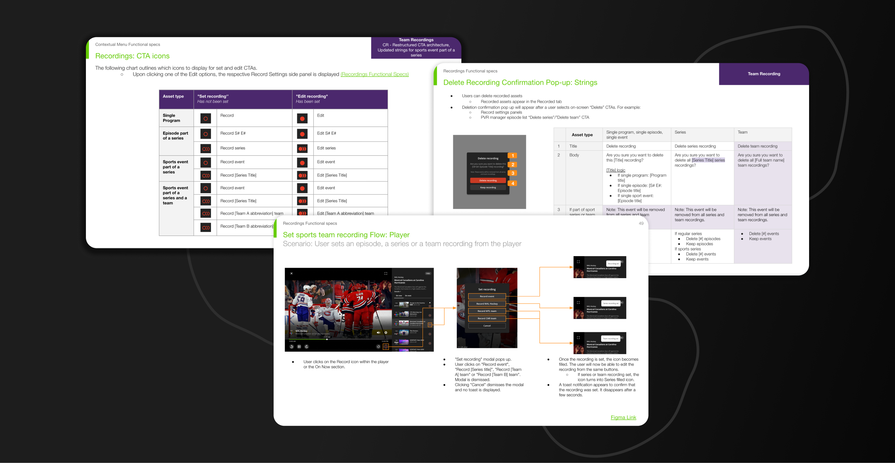 Documentation pages: CTA icons spec, delete recording strings, and player recording flow