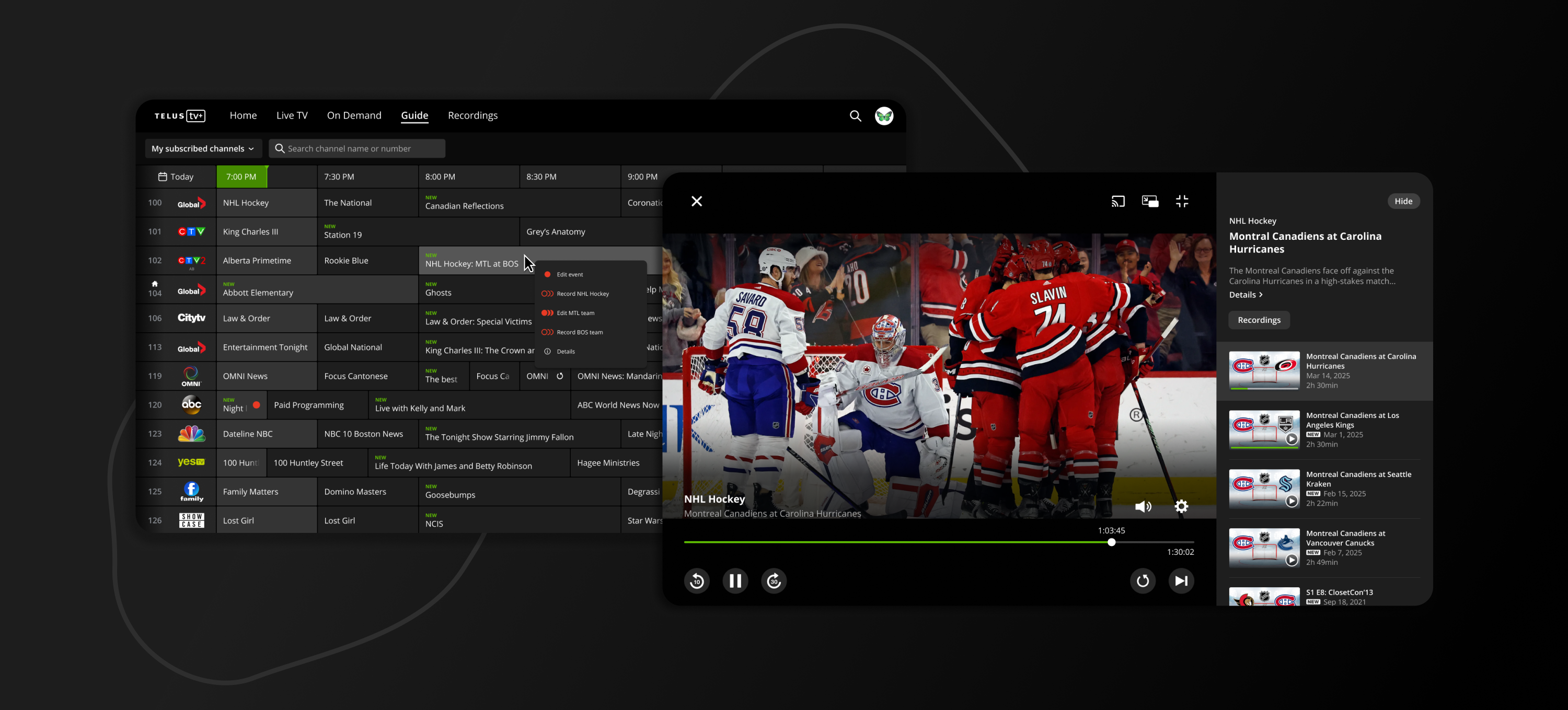 TelusTV+ guide with contextual record menu and playback view