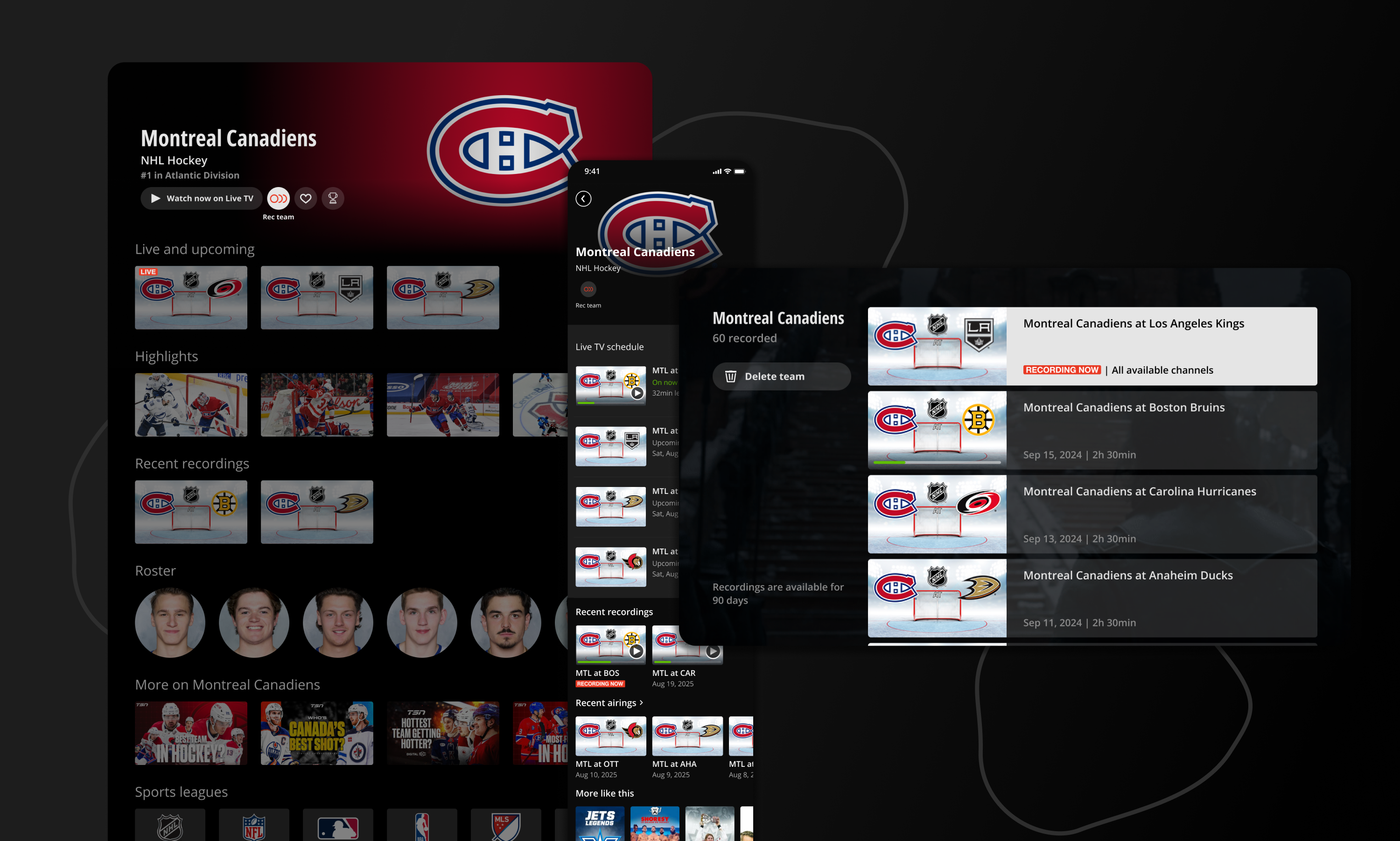 Montreal Canadiens team page across TV, mobile, and tablet