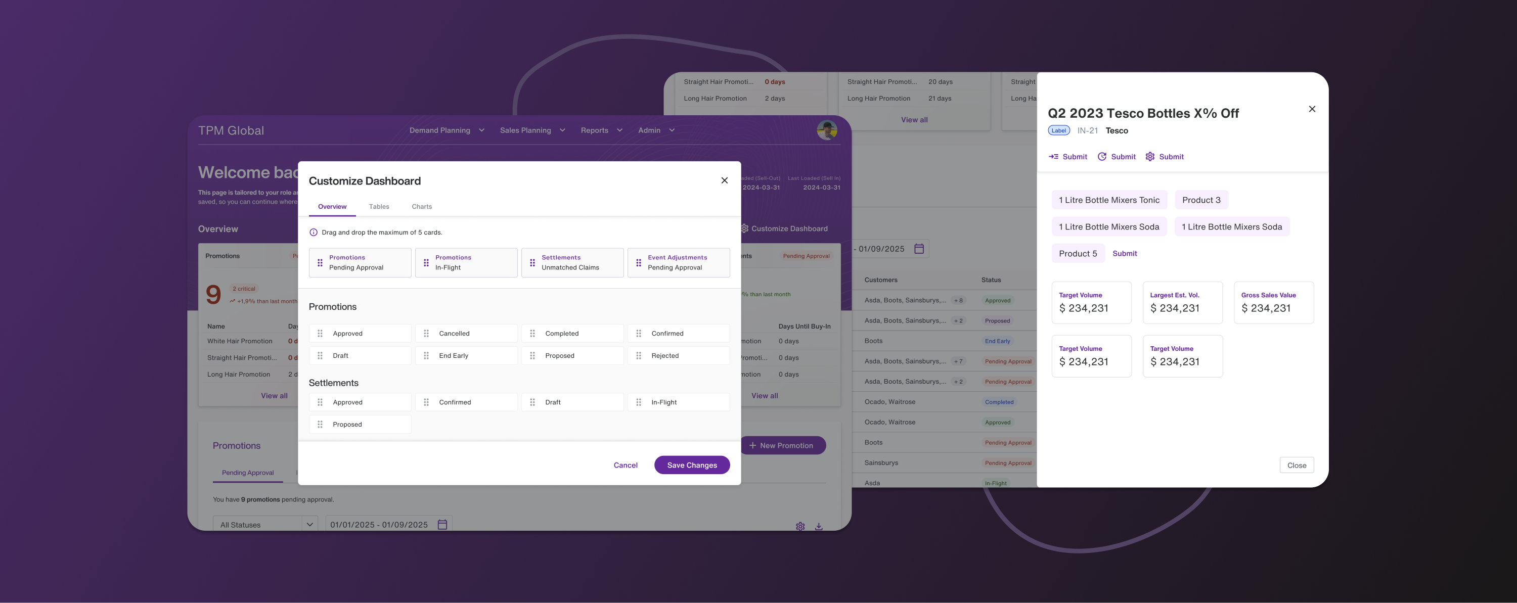 Dashboard customization modal and quick-edit promotion side panel