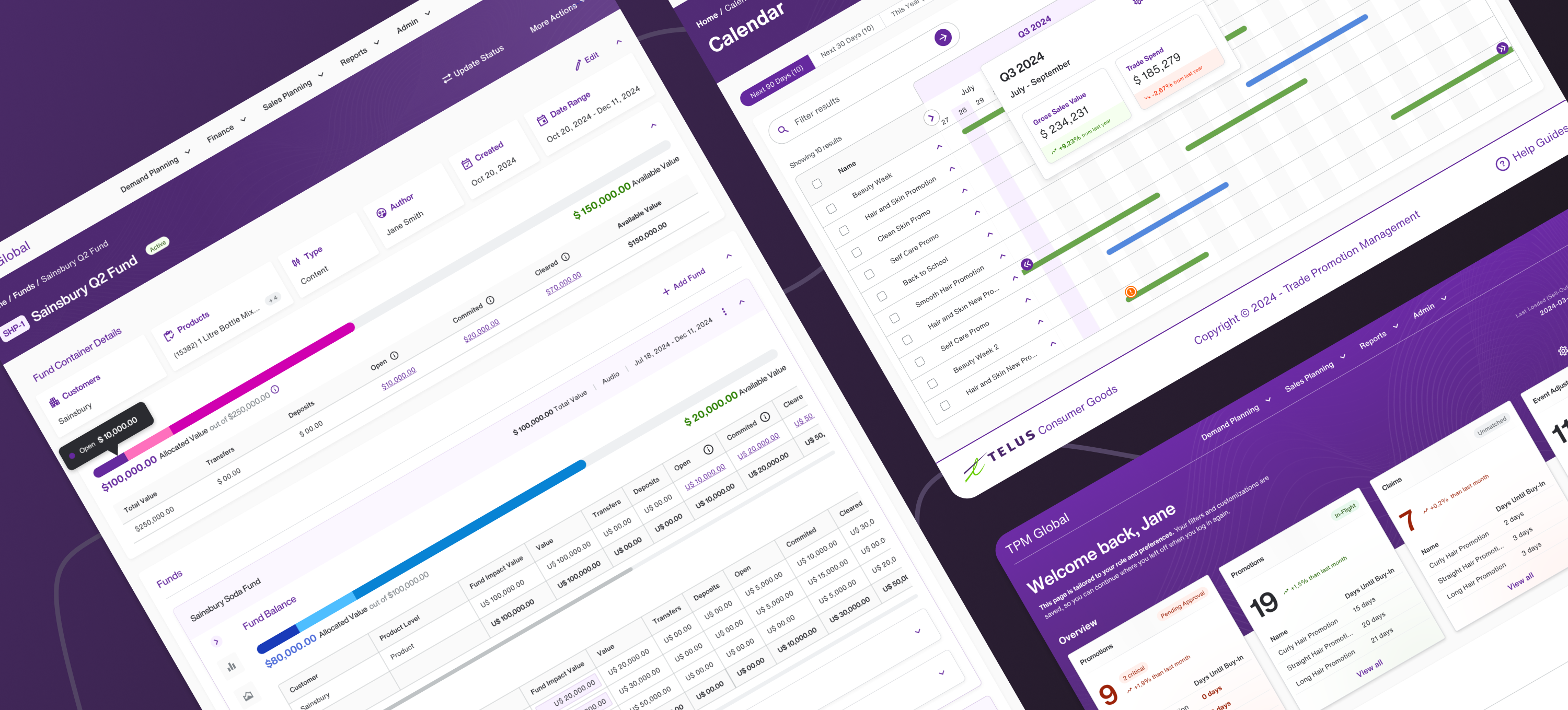 TPM Global across fund management, calendar, and welcome dashboard views