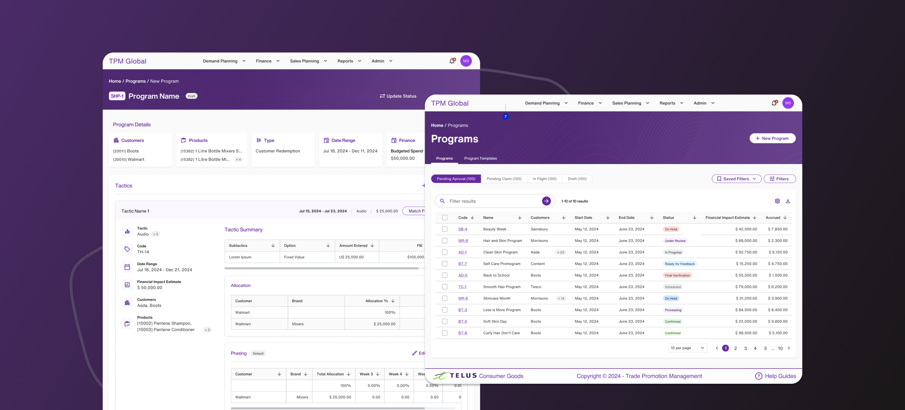 Programs detail view and Programs list with filtered statuses
