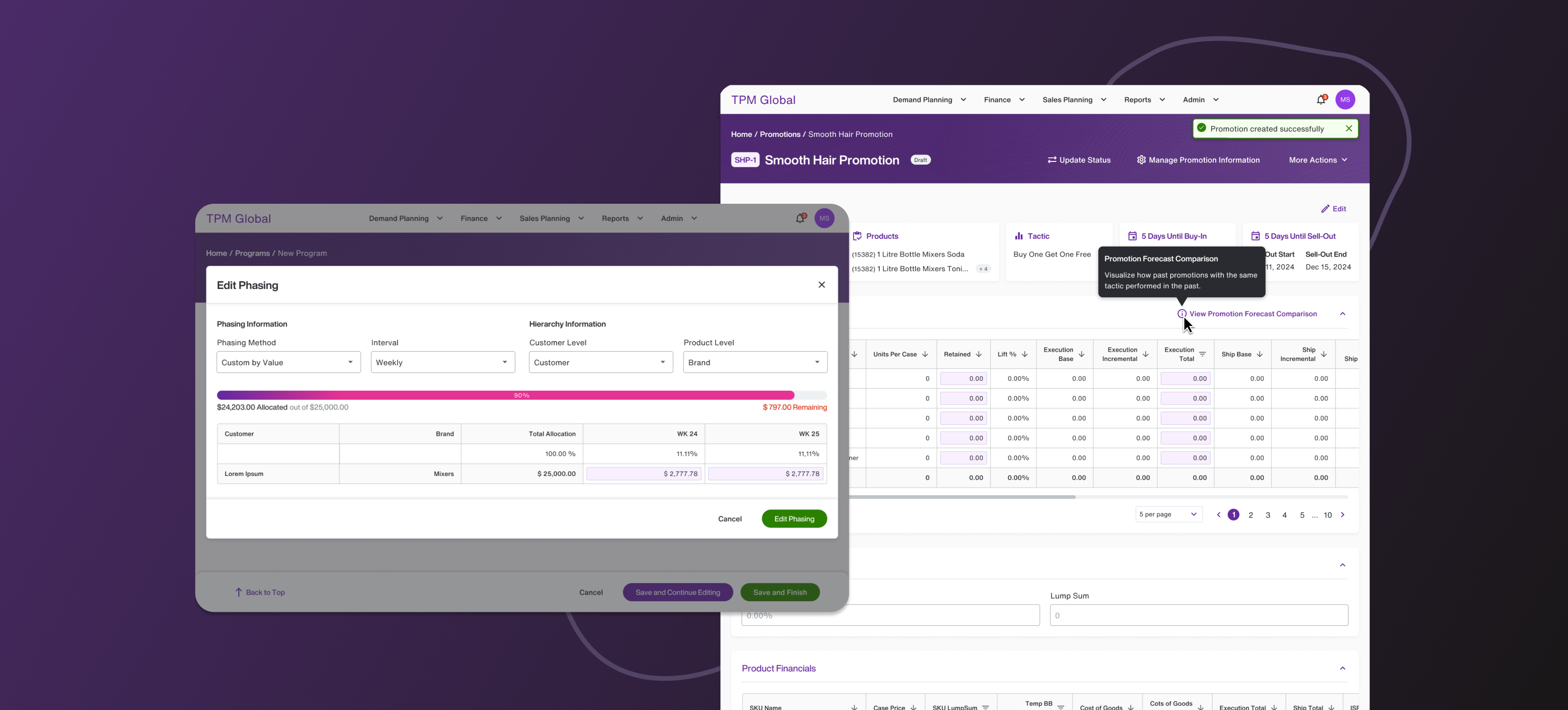 Promotion edit phasing modal and promotion detail with forecast comparison tooltip