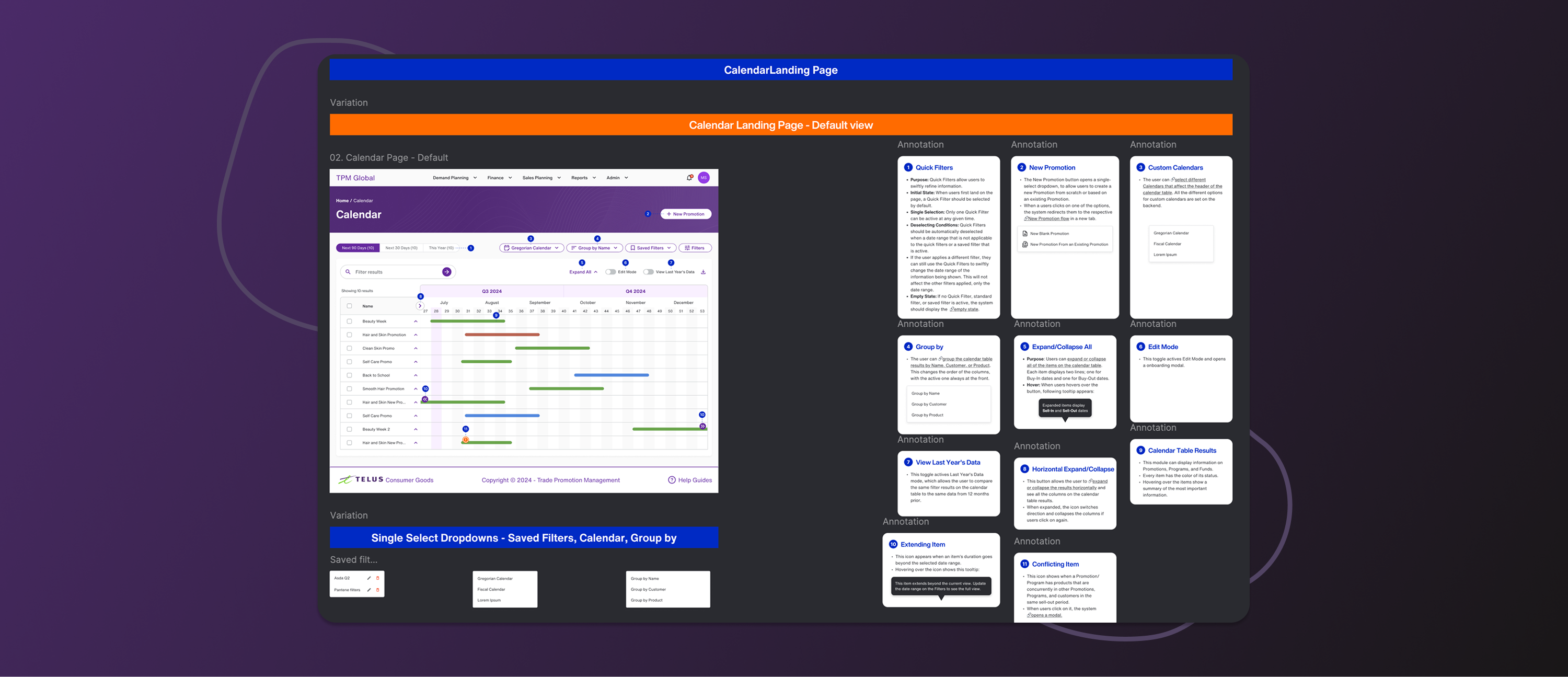 Calendar landing page documentation with annotated UX patterns and interaction notes